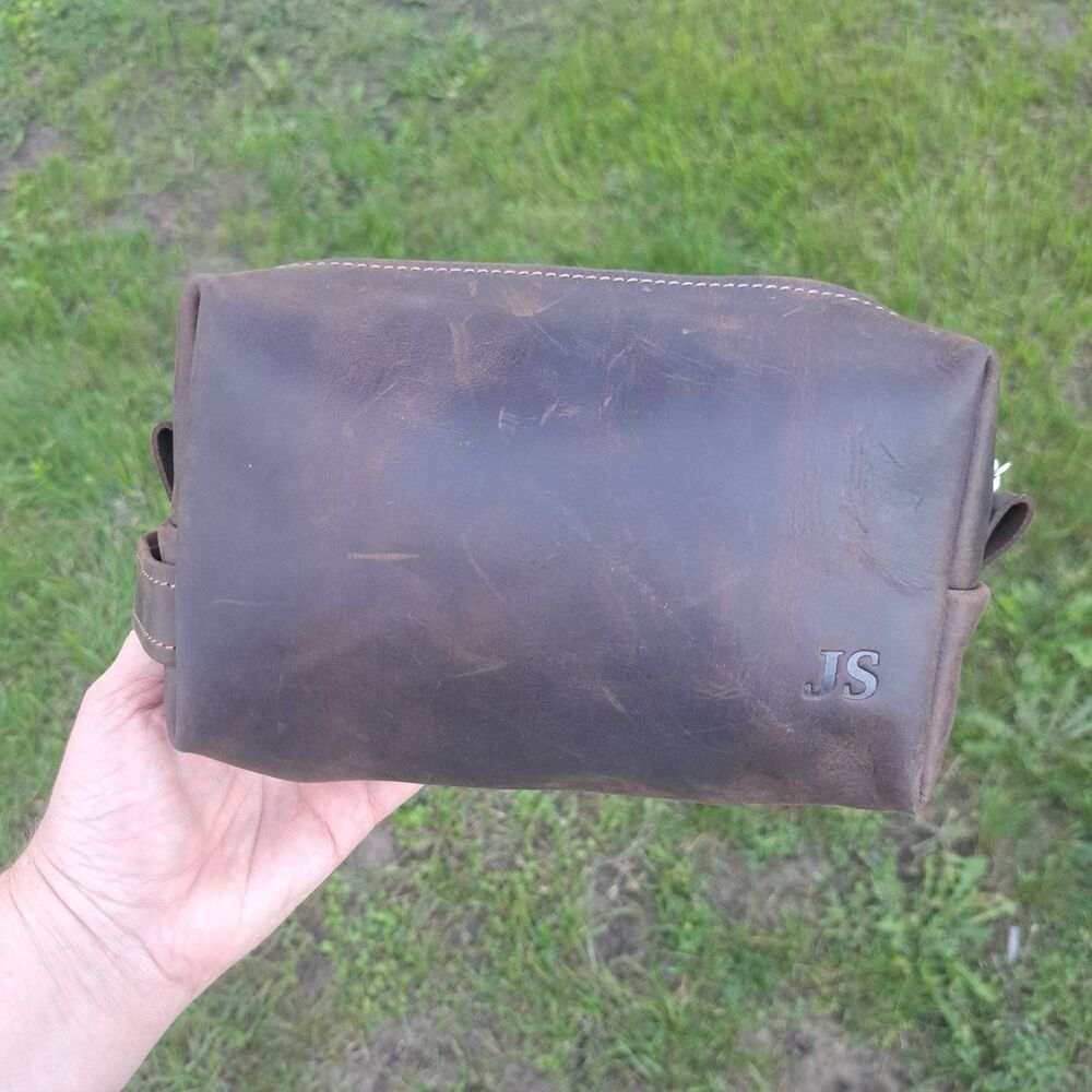 Men's Leather Handcrafted Monogrammed JS Brown Toiletry Personal Travel Bag Zip